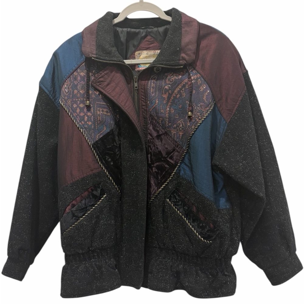 VTG Karizma Retro Velvet Patchwork Bomber Jacket Size Medium 80’s Maximalist
